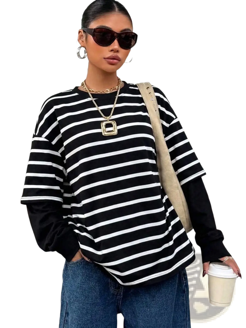 Black and white striped mock two piece oversized hoodie with layered look and long sleeves in soft cotton blend