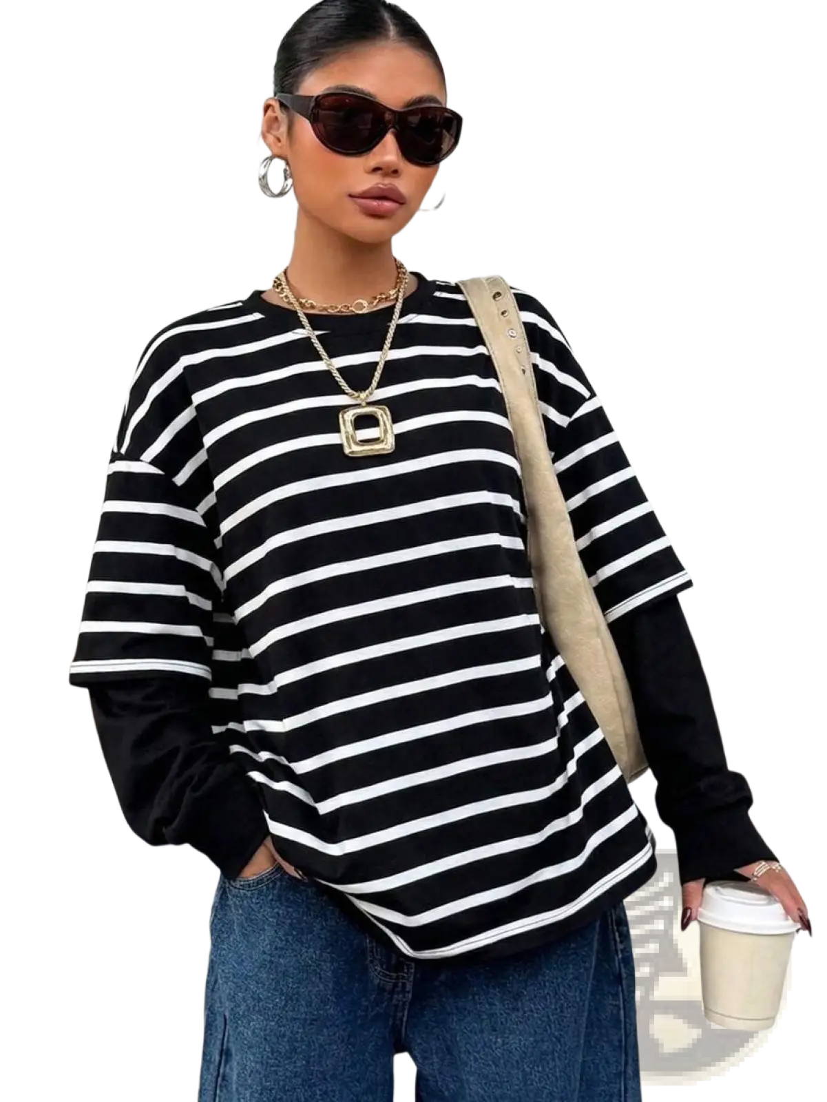 Black and white striped mock two piece oversized hoodie with layered look and long sleeves in soft cotton blend