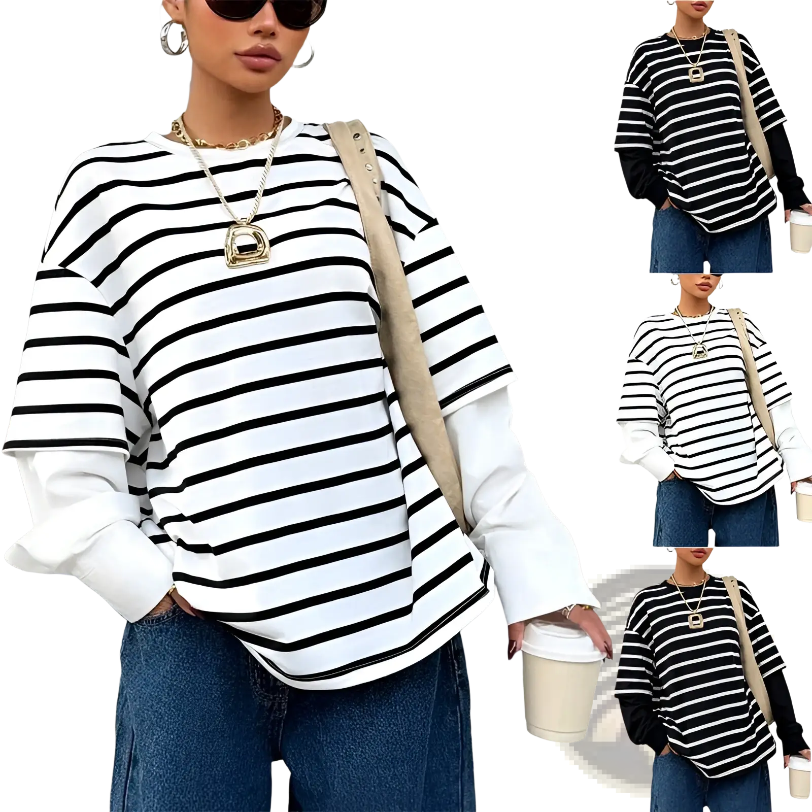 Striped mock two piece oversized hoodie in black and white horizontal stripes with a layered long sleeve design