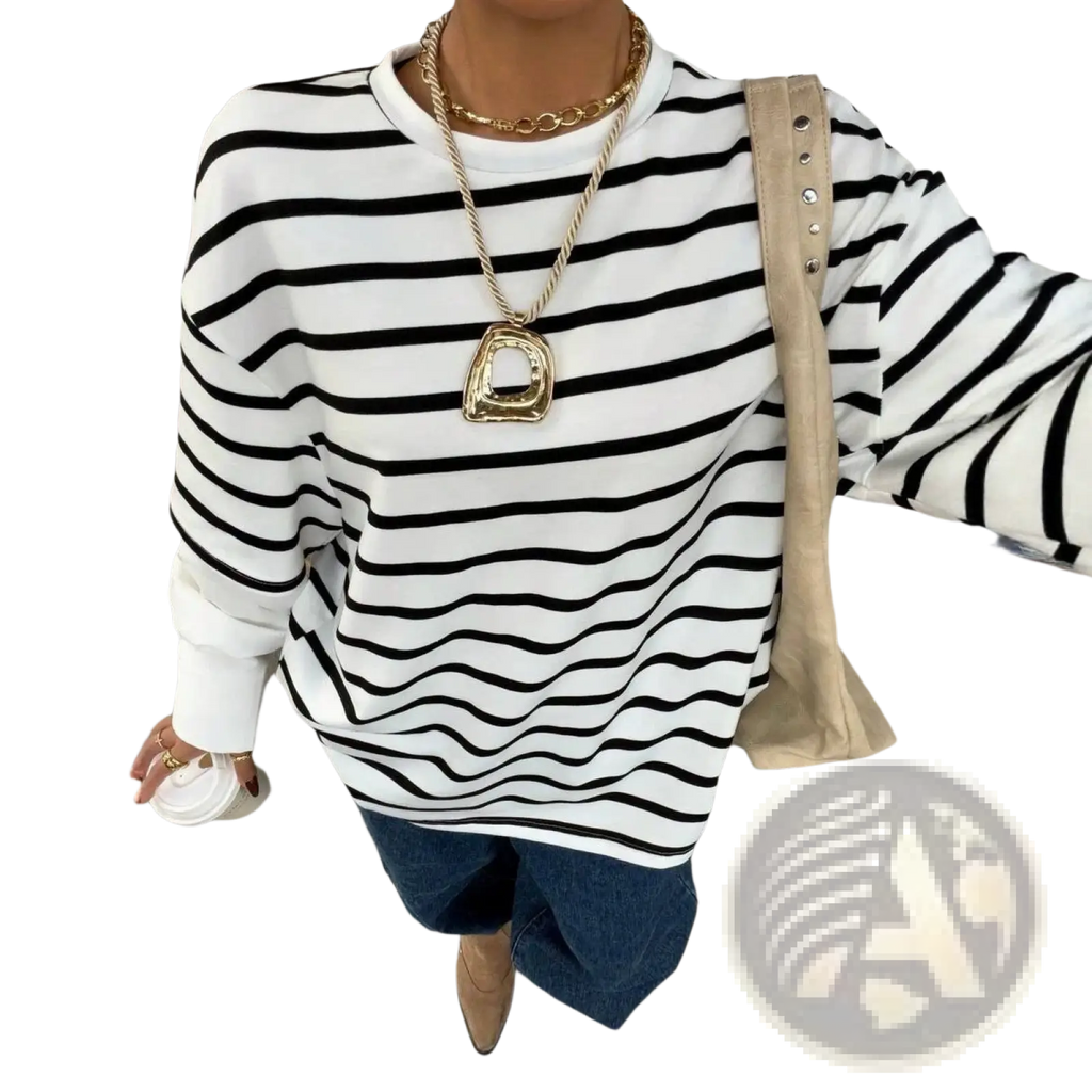 Black and white horizontally striped long-sleeve oversized hoodie with wavy stripe pattern mock two piece design