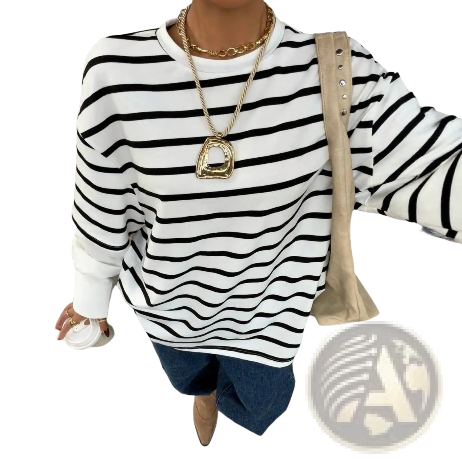 Black and white horizontally striped long-sleeve oversized hoodie with wavy stripe pattern mock two piece design