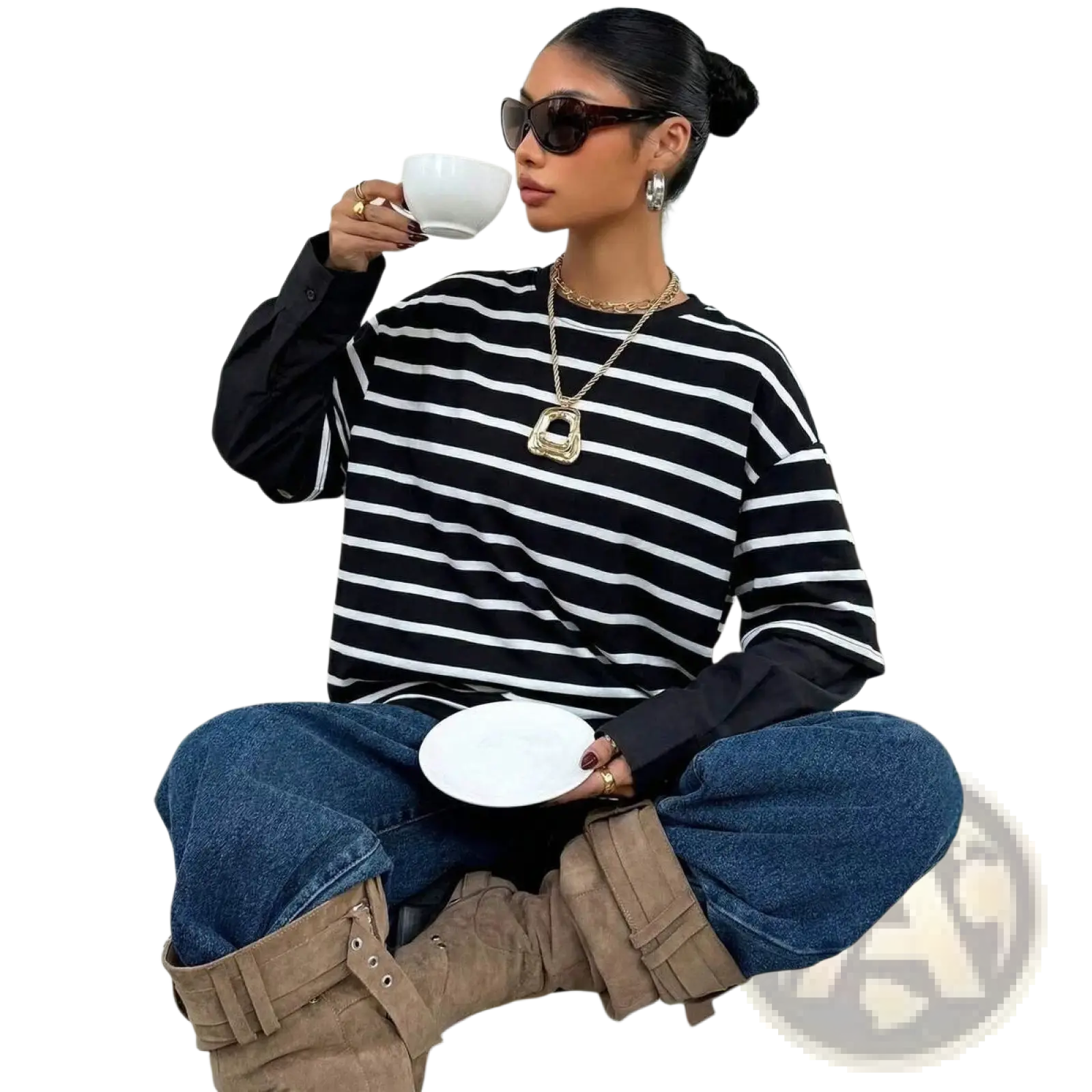 Black and white horizontally striped long-sleeved oversized hoodie with layered black inner sleeves and mock two piece design