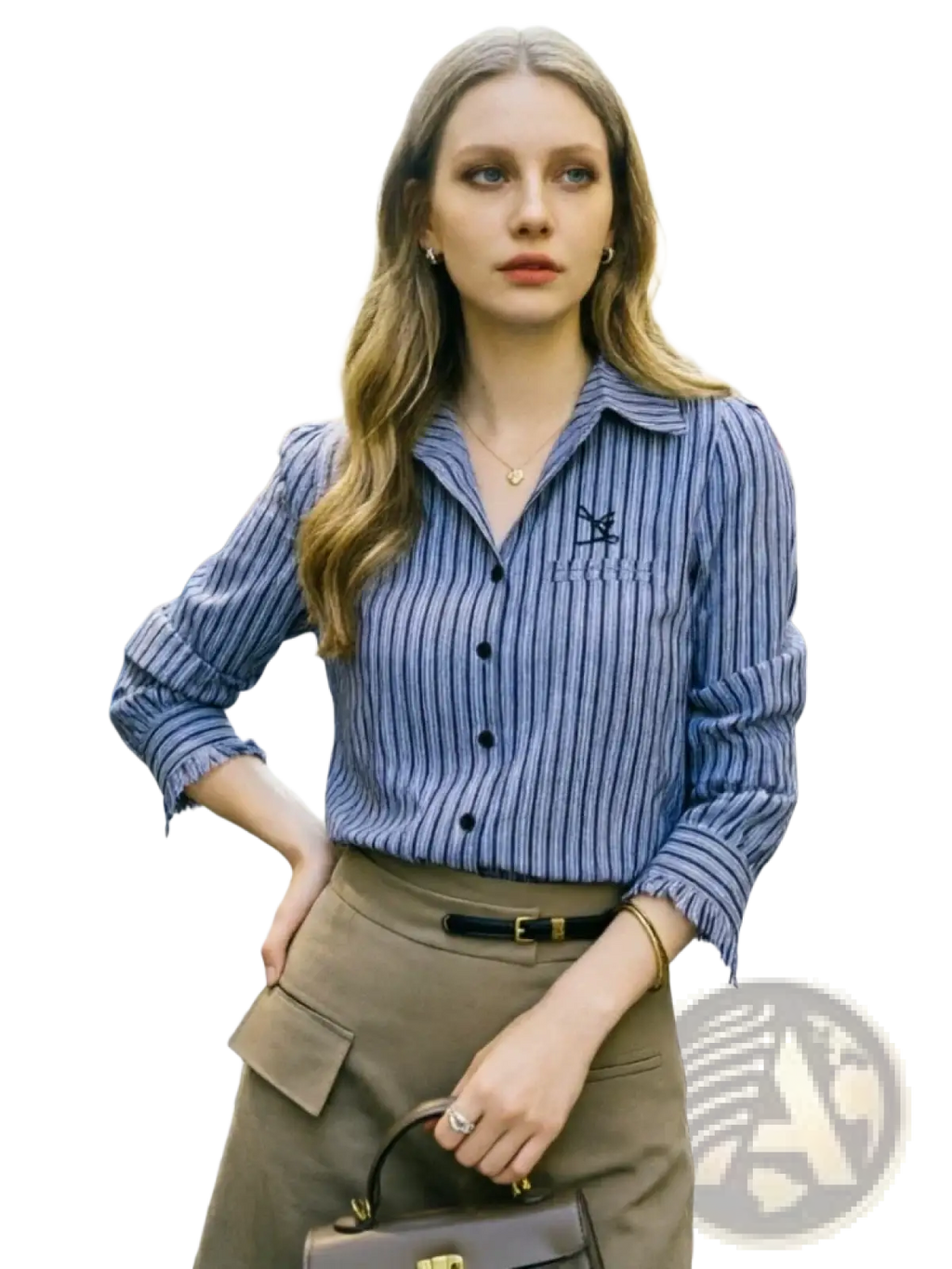 Blue and white striped office blouse for women with button down front and small embroidered chest logo