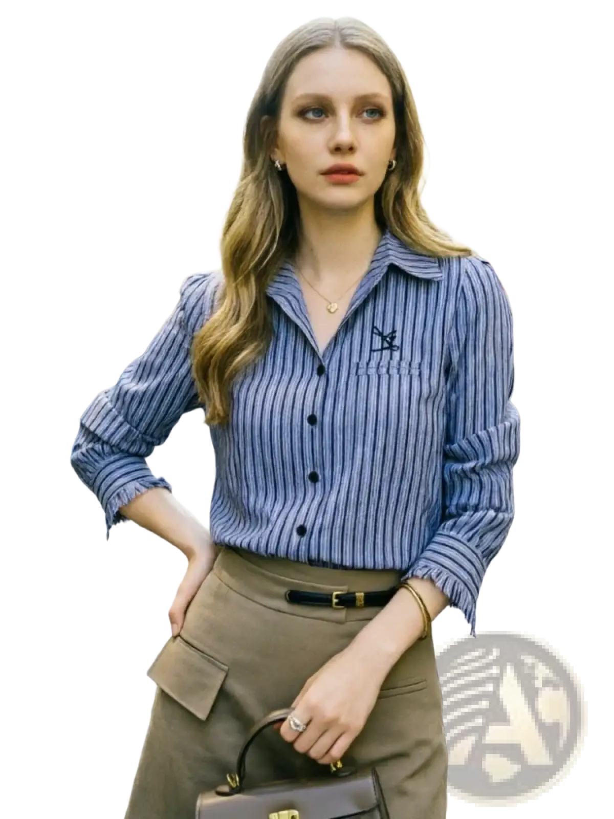 Blue and white striped office blouse for women with button down front and small embroidered chest logo