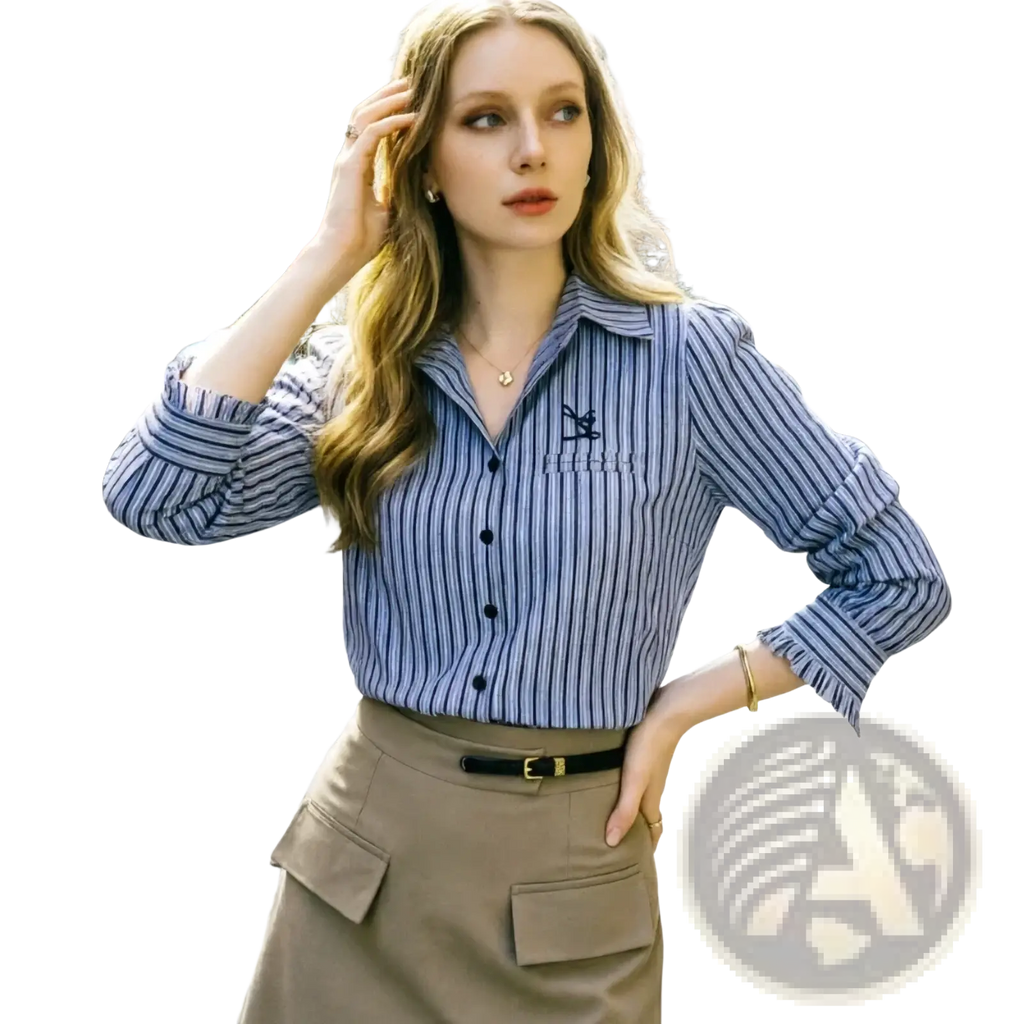 Blue and white vertically striped office blouse for women with button down front and black embroidered chest logo