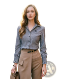 A stylish navy and white striped long-sleeved button-up office blouse for women with a classic collar and embroidered logo