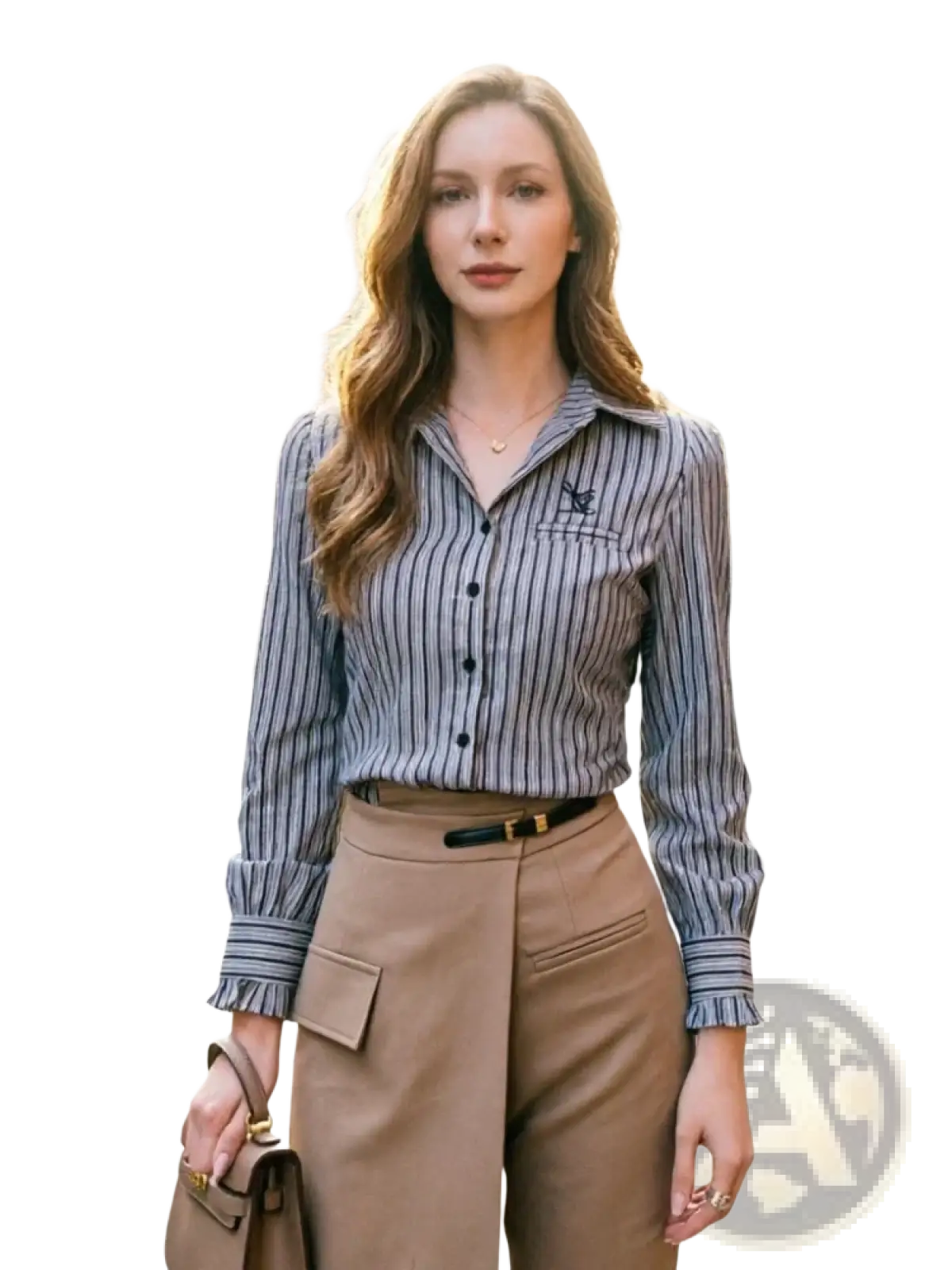 A stylish navy and white striped long-sleeved button-up office blouse for women with a classic collar and embroidered logo