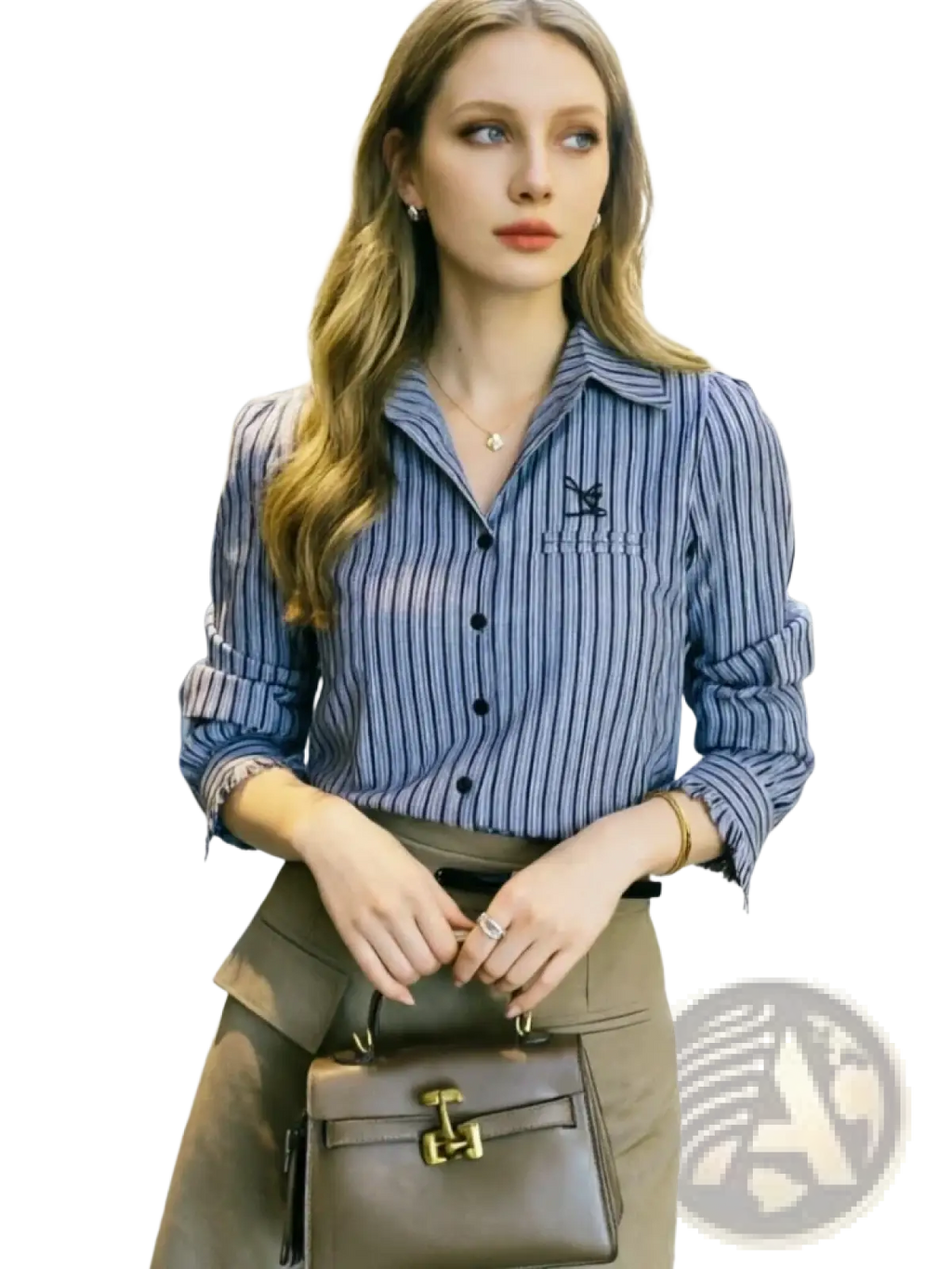 Brown leather kelly bag with gold-tone hardware complementing a striped office blouse women button down shirt