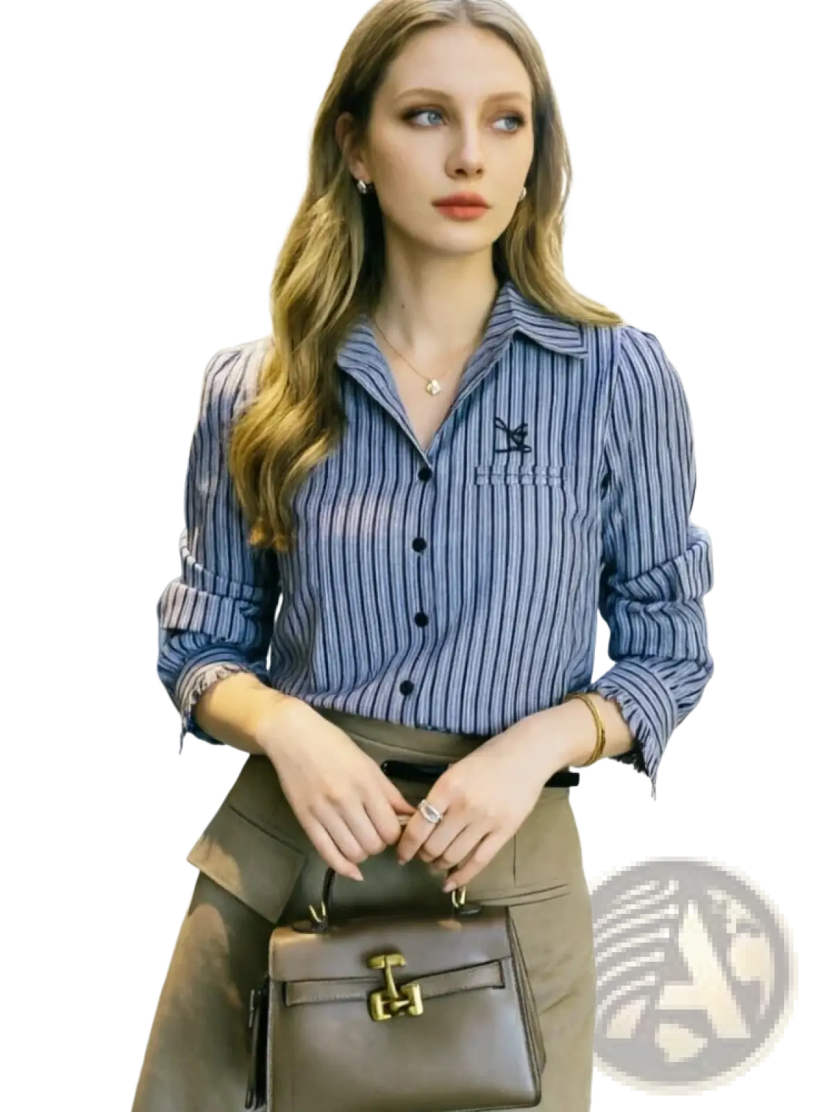 Brown leather kelly bag with gold-tone hardware complementing a striped office blouse women button down shirt