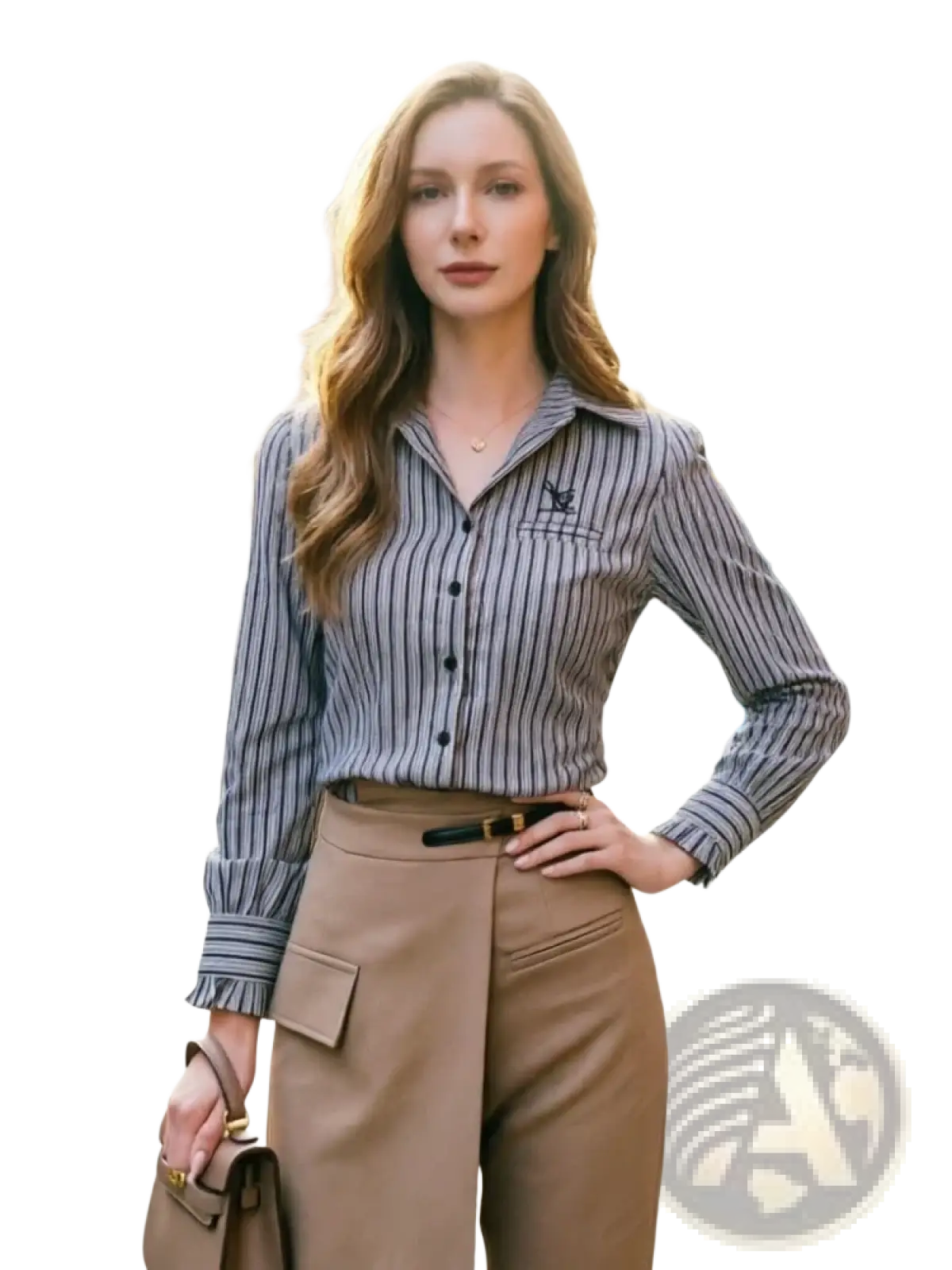 A stylish gray and black vertically striped button-down blouse with subtle embroidered logo for office wear