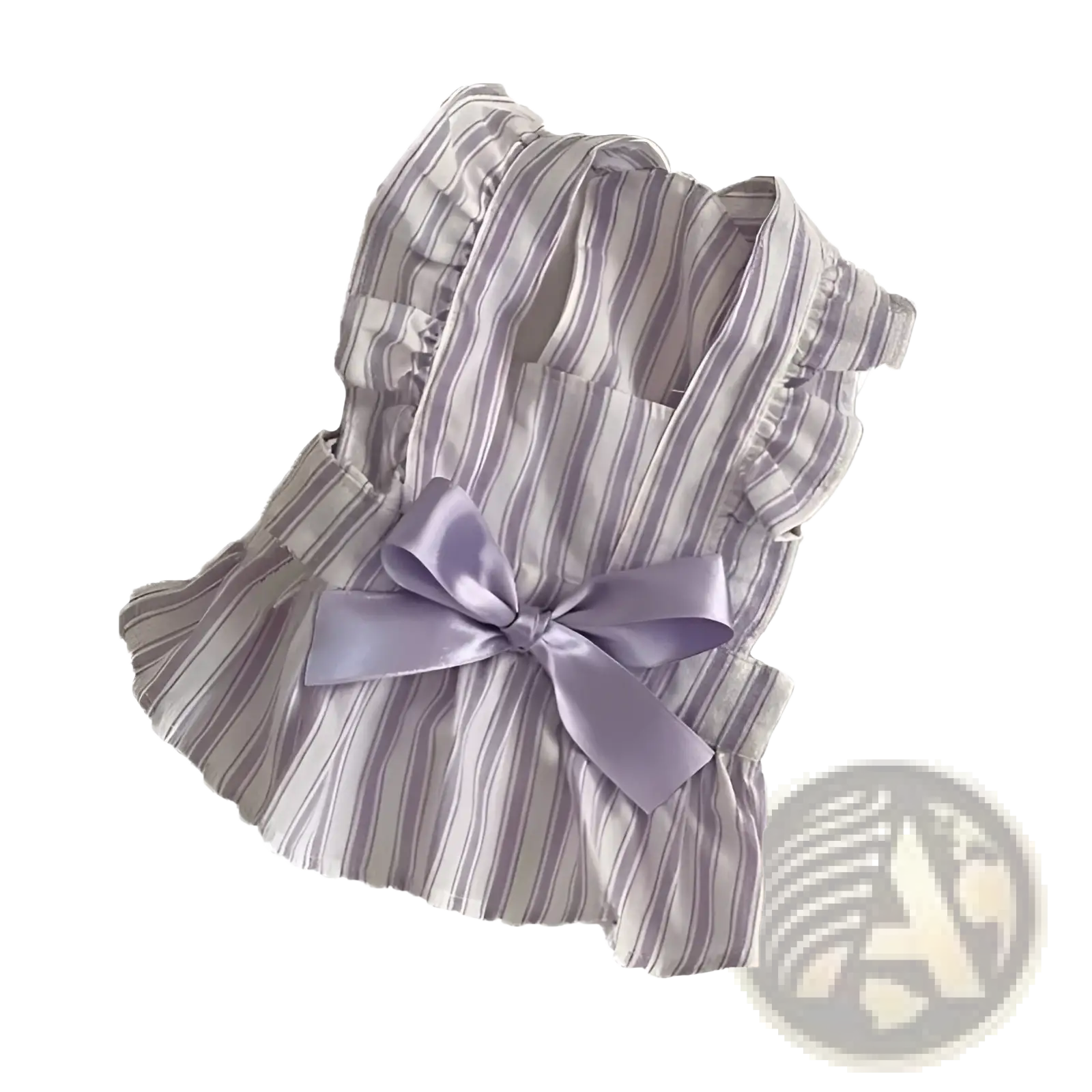 Striped princess dog dress with lavender and white stripes ruffled sleeves and a matching satin waist bow