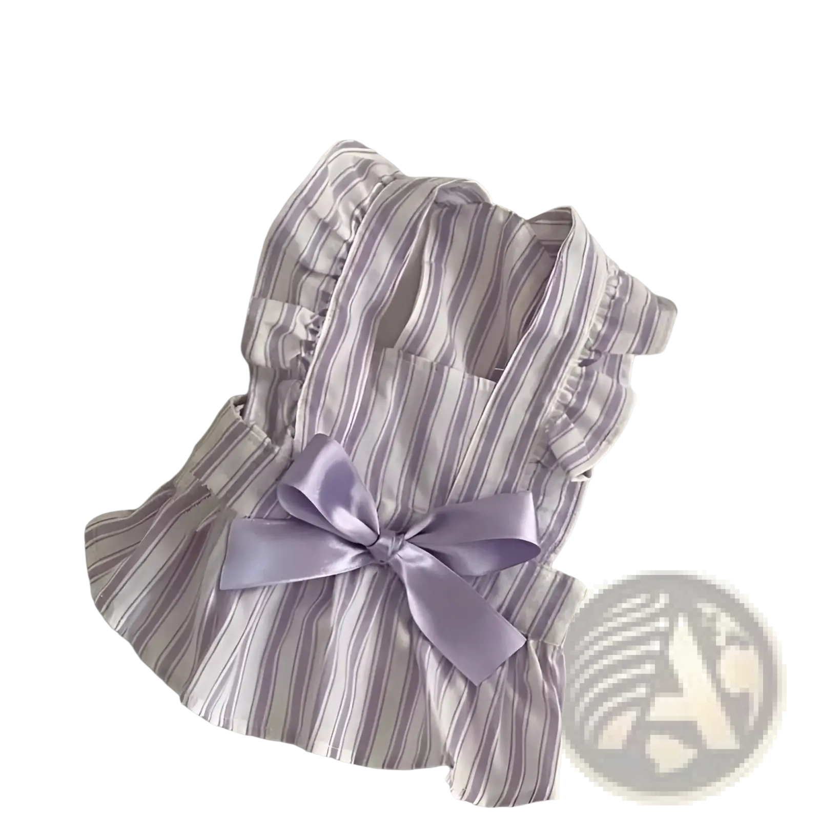 Striped princess dog dress with lavender and white vertical stripes, ruffled sleeves, front bow, and frayed hem