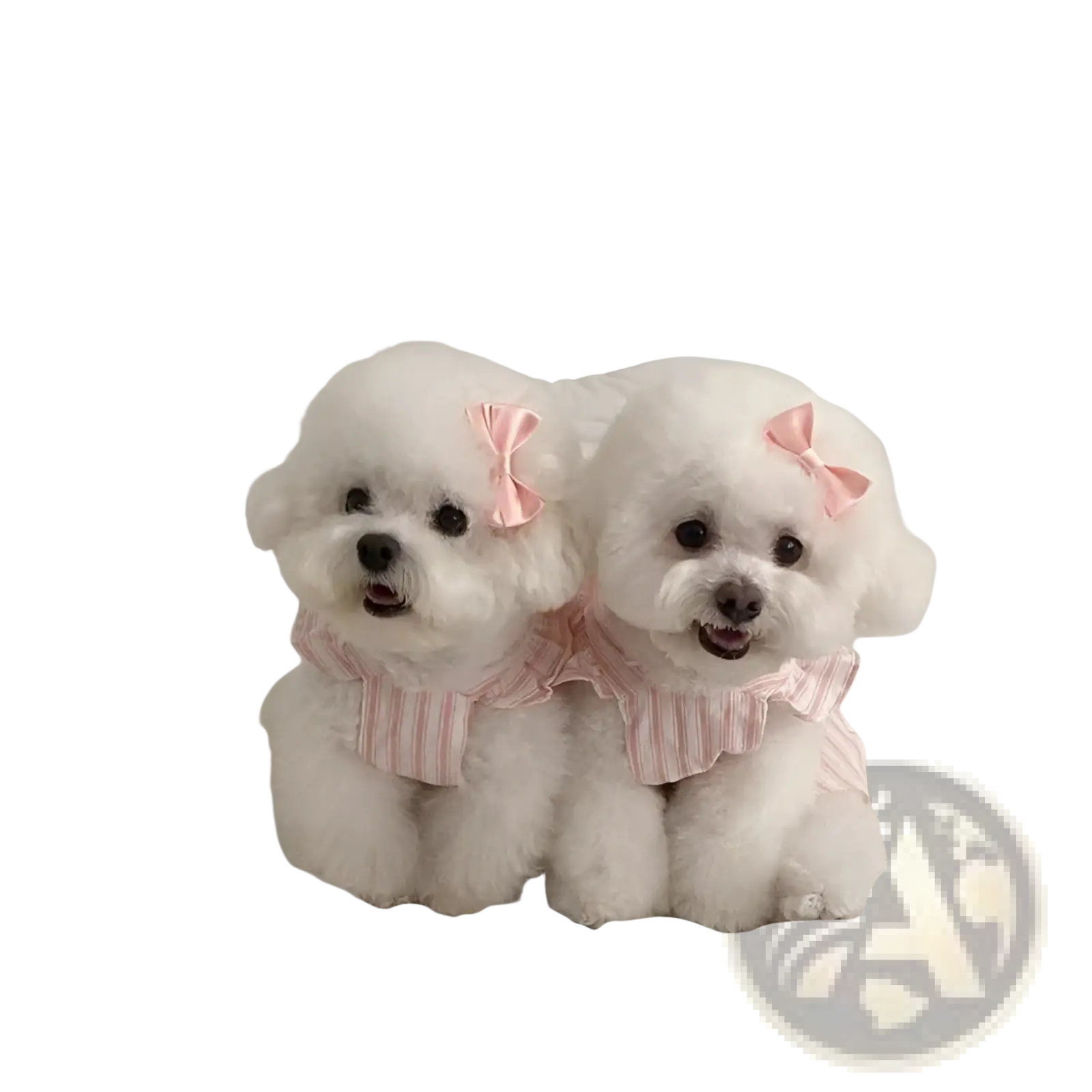 Two fluffy white bichon frises wearing pink and white striped princess dog dresses with small pink bows on their heads