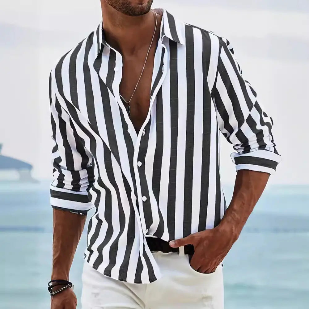 Men’s loose fit long sleeve casual shirt with black and white vertical stripes and rolled cuffs