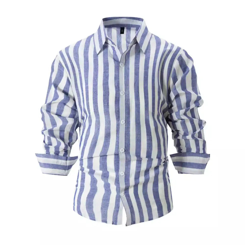 Men’s loose fit vertical striped long sleeve casual shirt in blue and white with classic collar and rolled cuffs