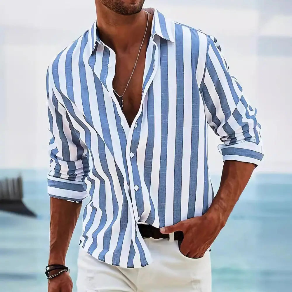 Men’s loose fit vertical striped long sleeve casual shirt in blue and white with rolled cuffs and button-down design