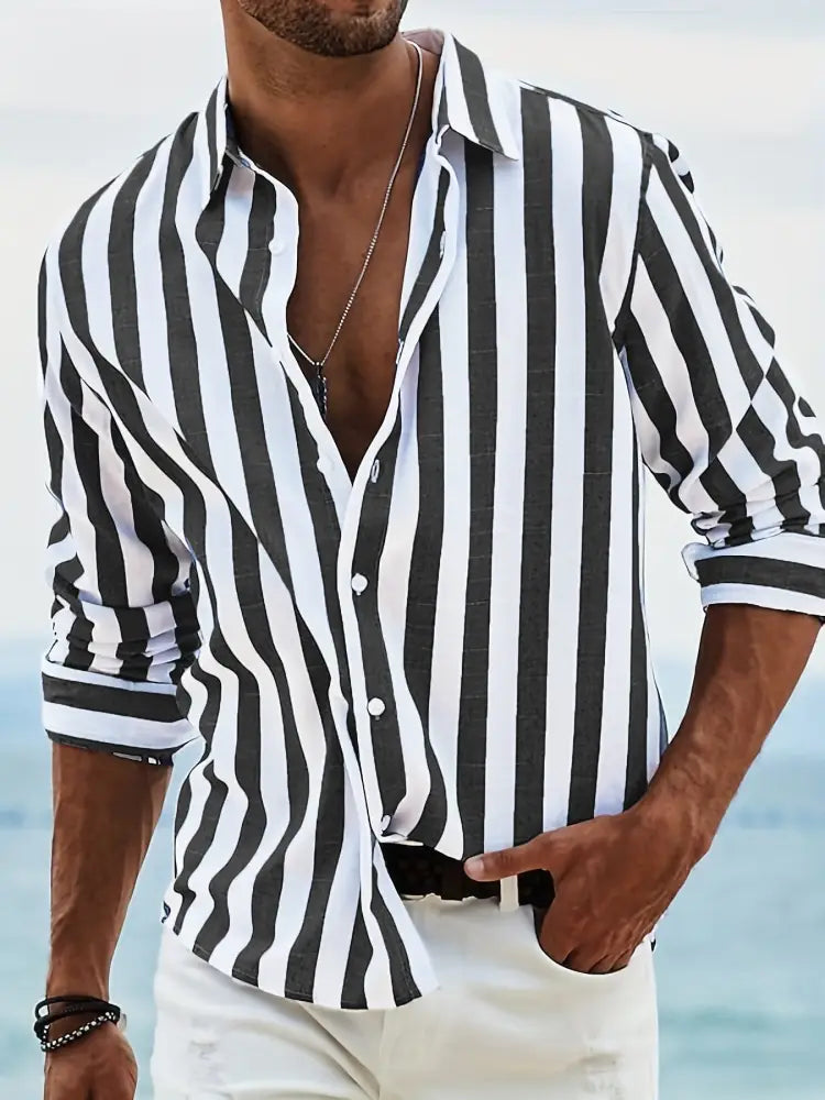 Men’s loose fit vertical striped black and white button-down long sleeve casual shirt with rolled-up sleeves