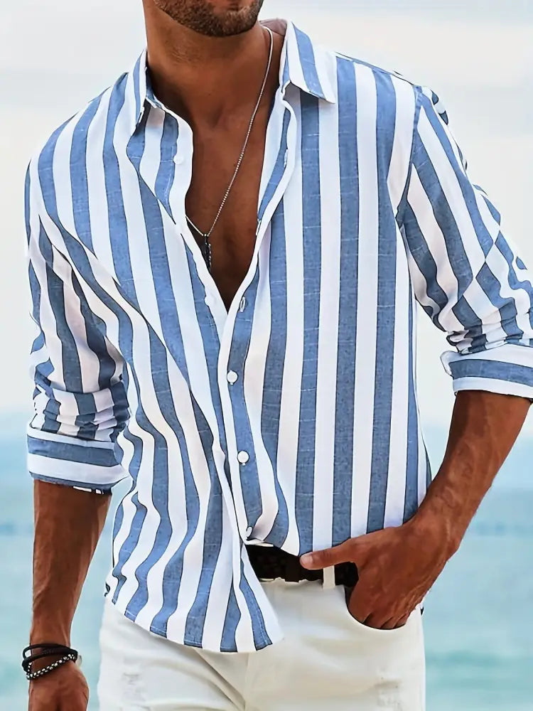Men’s loose fit vertical striped long sleeve casual shirt in blue and white with button-down front and rolled-up sleeves