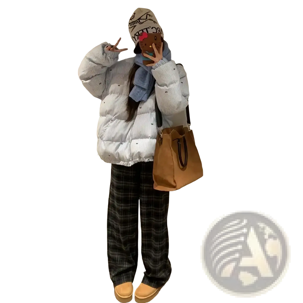 Tan canvas tote bag with black leather handles shown alongside striped puffer jacket winter coat product display