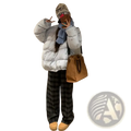 Tan canvas tote bag with black leather handles shown alongside striped puffer jacket winter coat product display