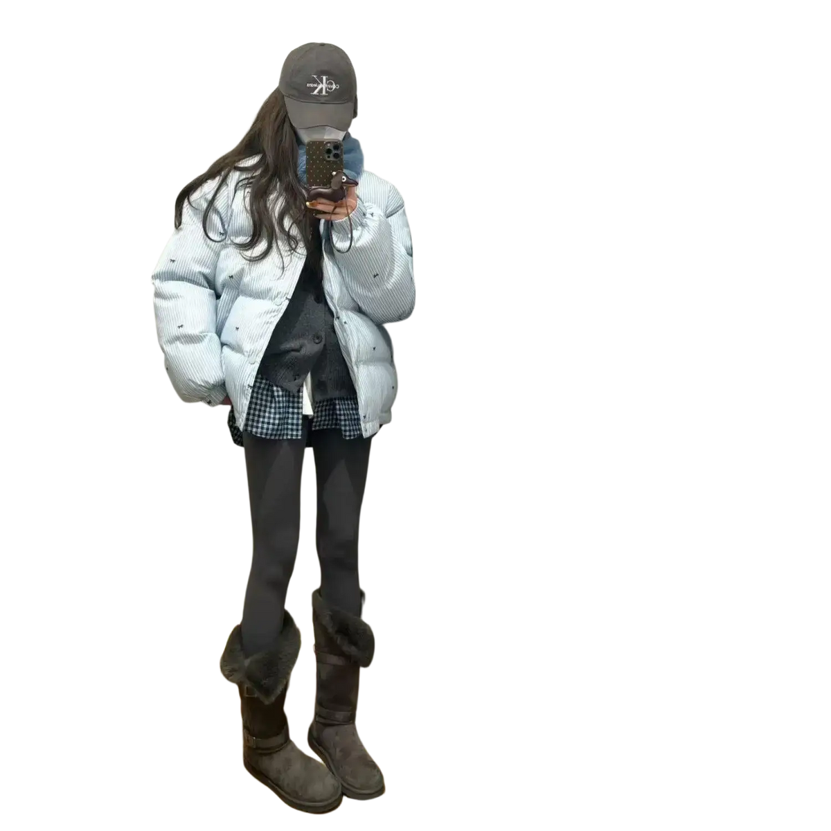 Light blue striped puffer jacket winter coat with vertical ribbed texture and subtle white stitching details
