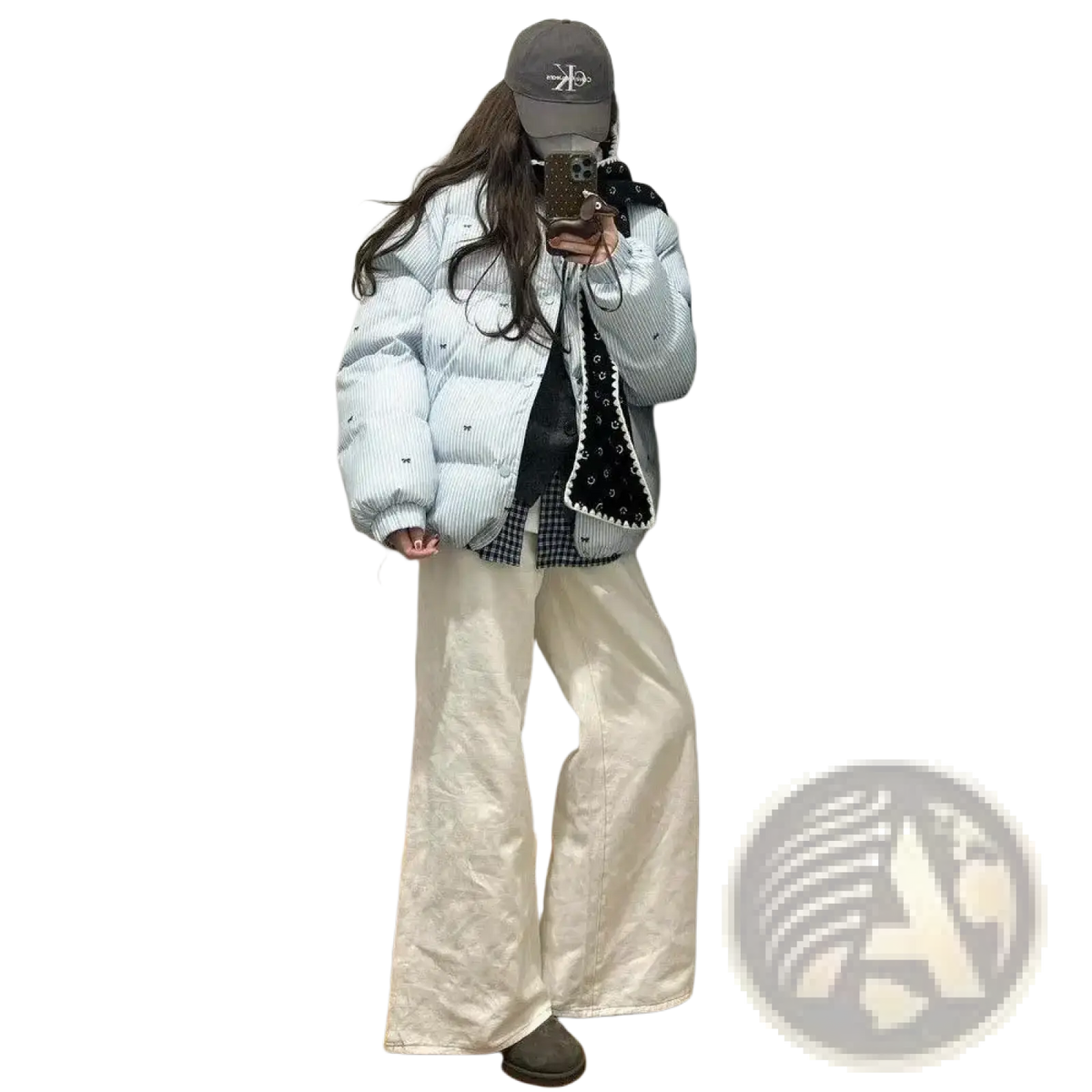Light blue striped puffer jacket winter coat with vertical stripes and small black embellishments for cold weather