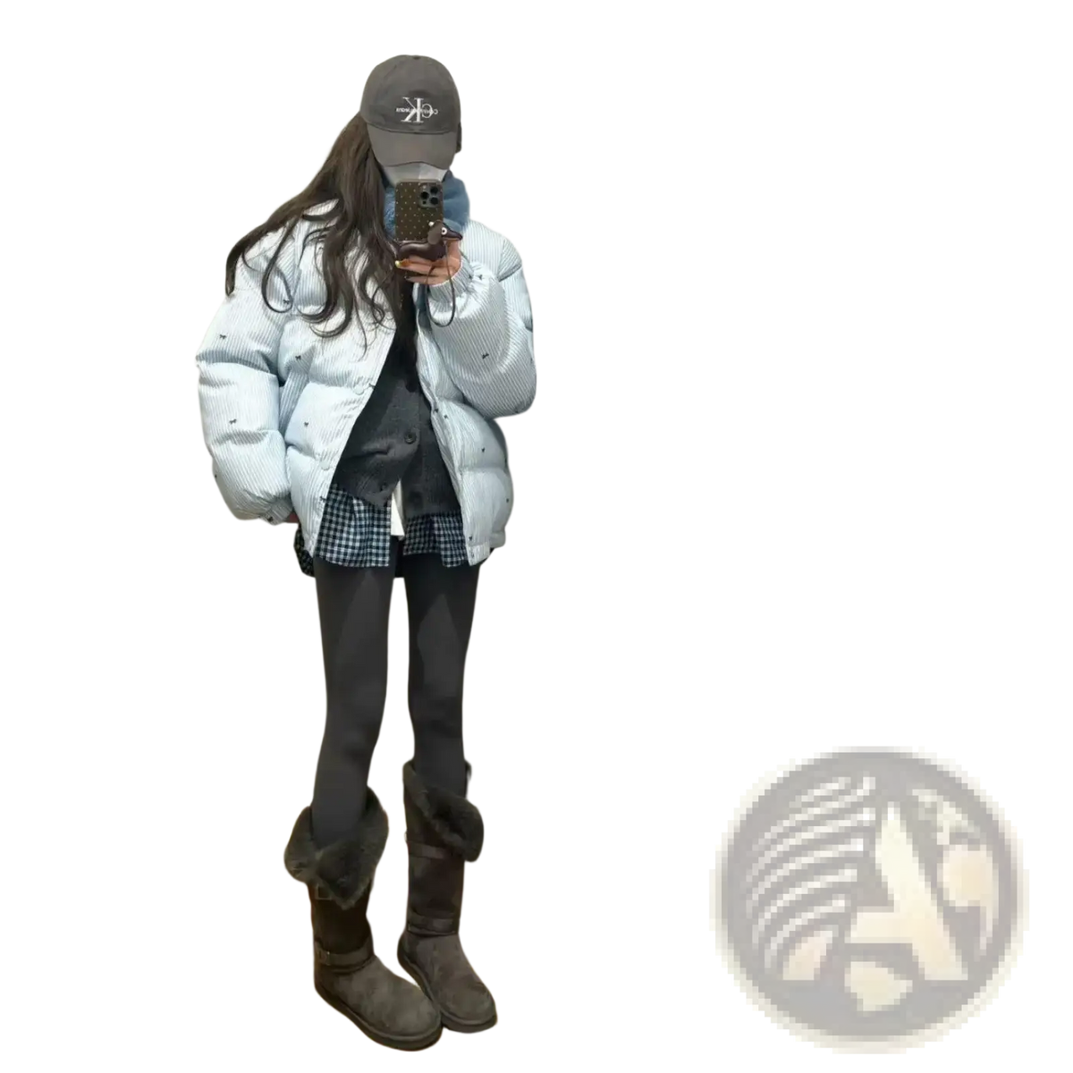 Light blue striped puffer jacket winter coat with vertical ribbed texture and subtle white stitching details