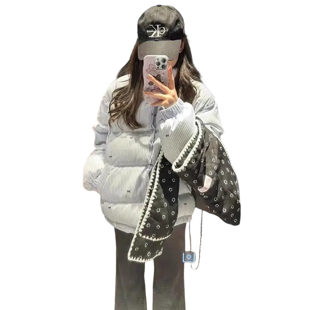 Light blue and white vertically striped puffer jacket with small black embroidery, perfect for winter wear