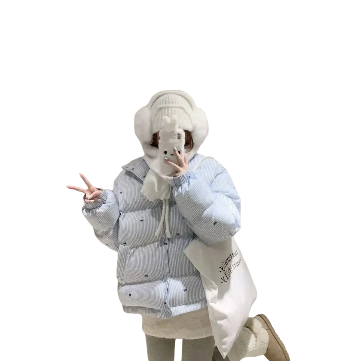 Light blue and white striped puffer jacket with black bow details designed as a winter coat