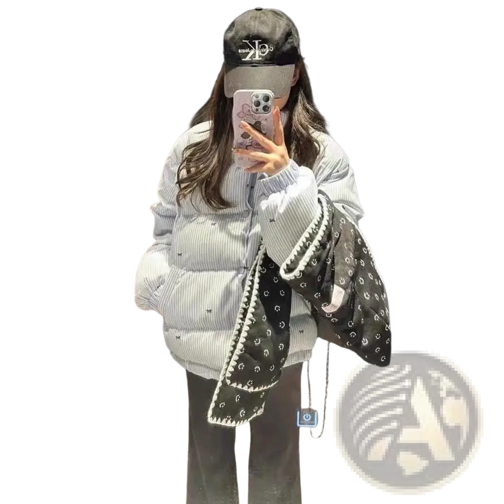 Light blue and white vertically striped puffer jacket with small black embroidery, perfect for winter wear