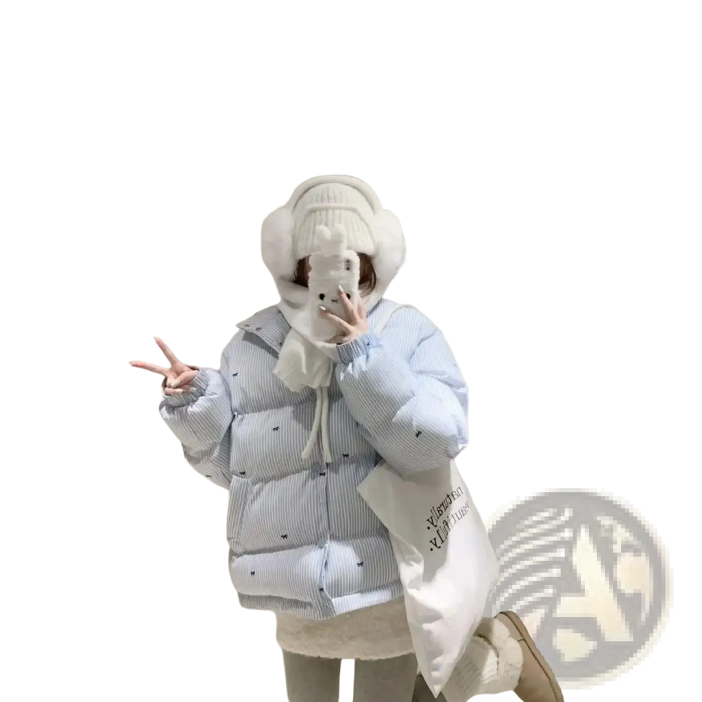 Light blue and white striped puffer jacket with black bow details designed as a winter coat