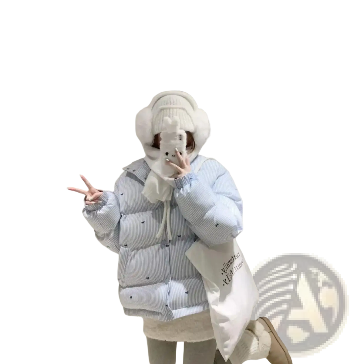 Light blue and white striped puffer jacket with black bow details designed as a winter coat