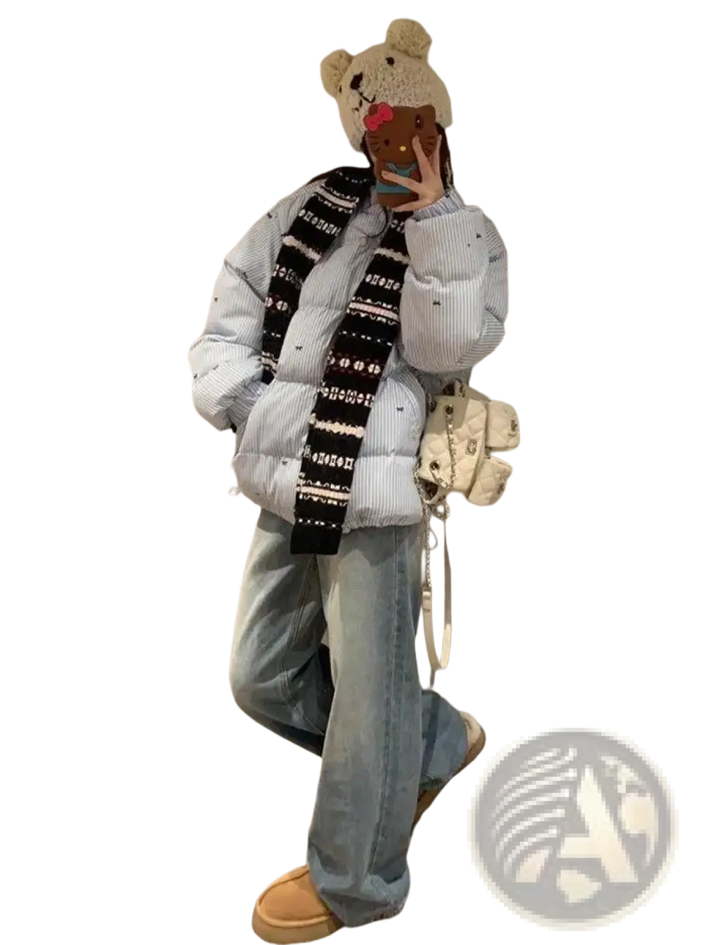 White quilted crossbody bag with chain strap and decorative studs paired with striped puffer jacket winter coat