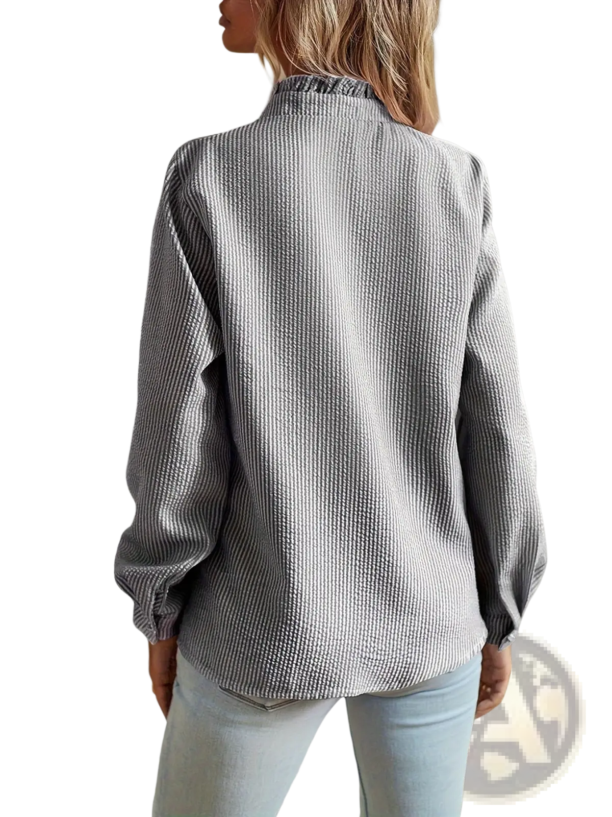 Striped ruffle stand collar textured blouse in gray and white waffle-knit fabric with high collar and long sleeves