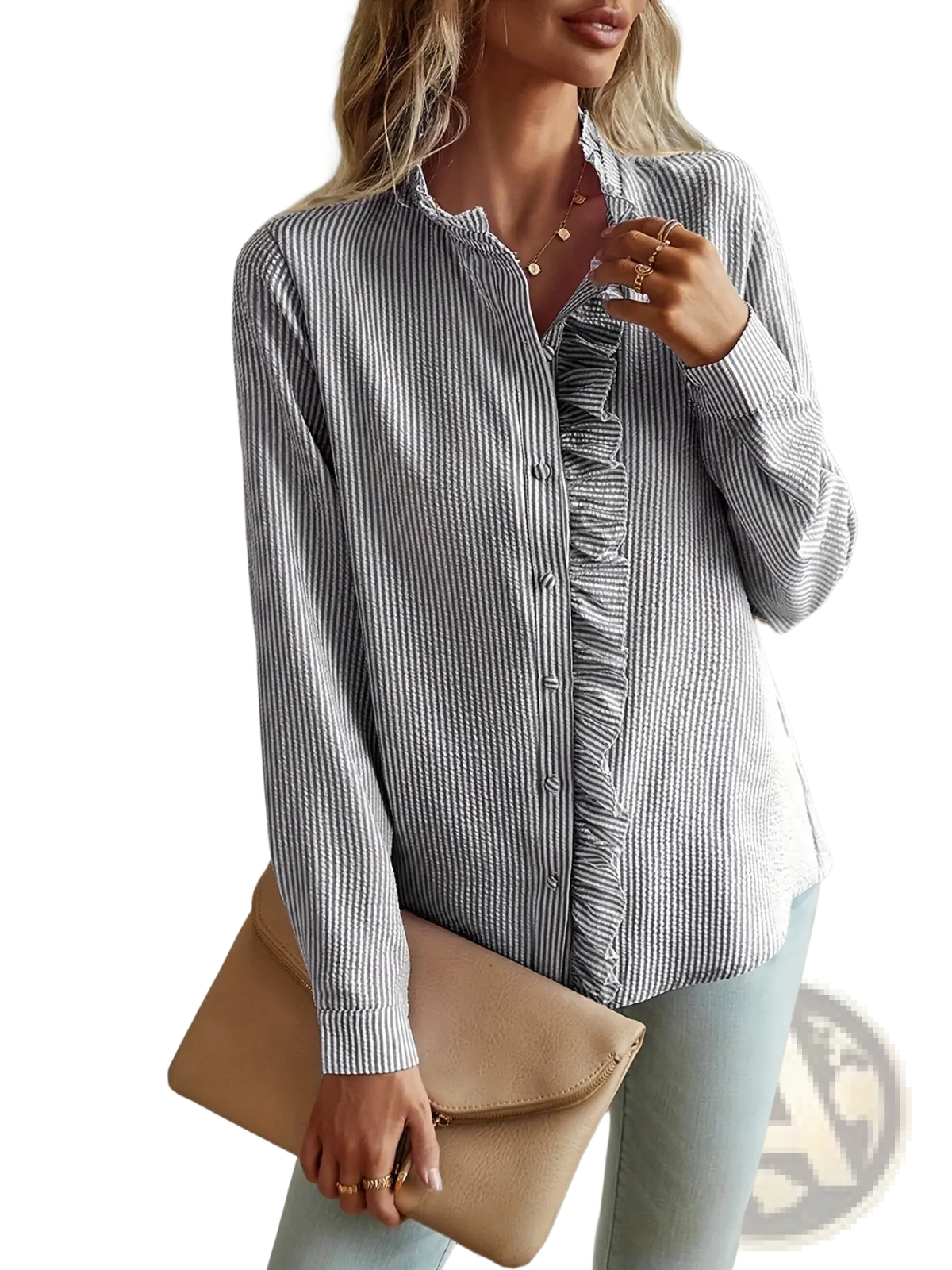 A woman wears a long-sleeved striped ruffle stand collar textured blouse with vertical gray and white stripes