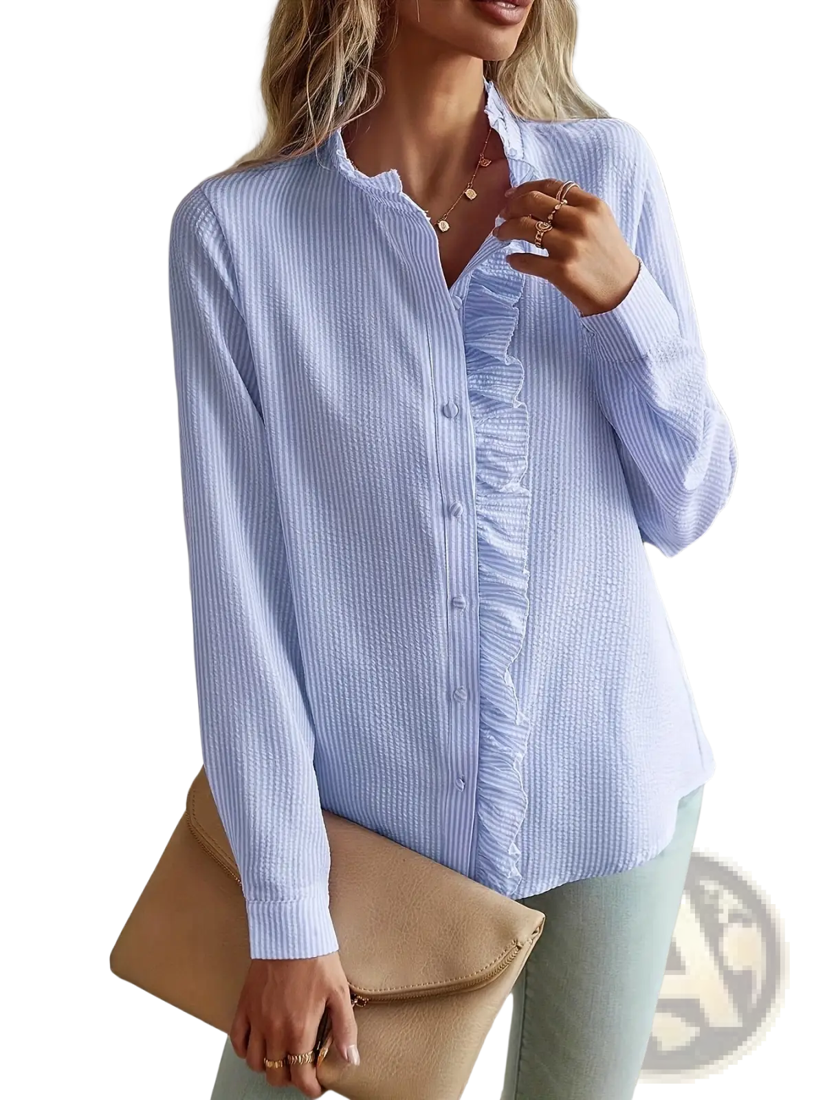 Light blue and white vertically striped long-sleeved textured blouse with ruffle front panel and stand collar