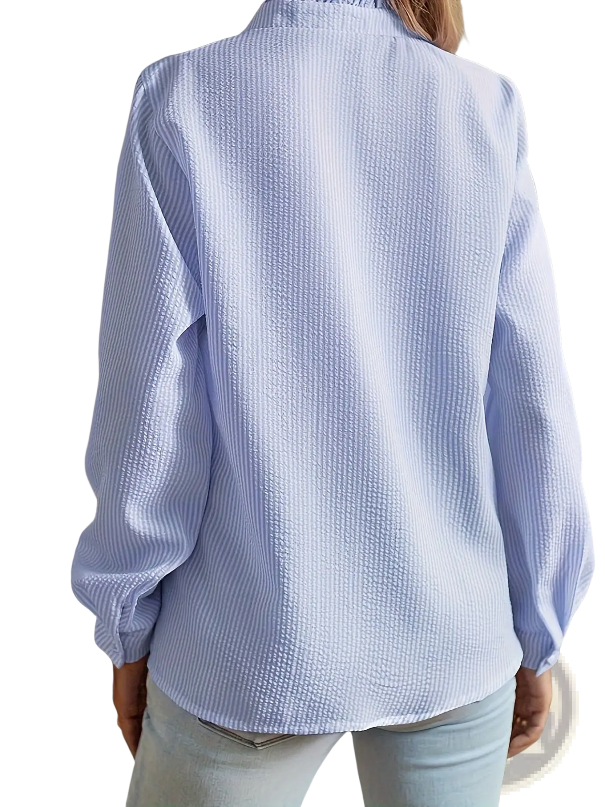 Light blue and white striped textured waffle-knit blouse with ruffle stand collar for stylish casual wear