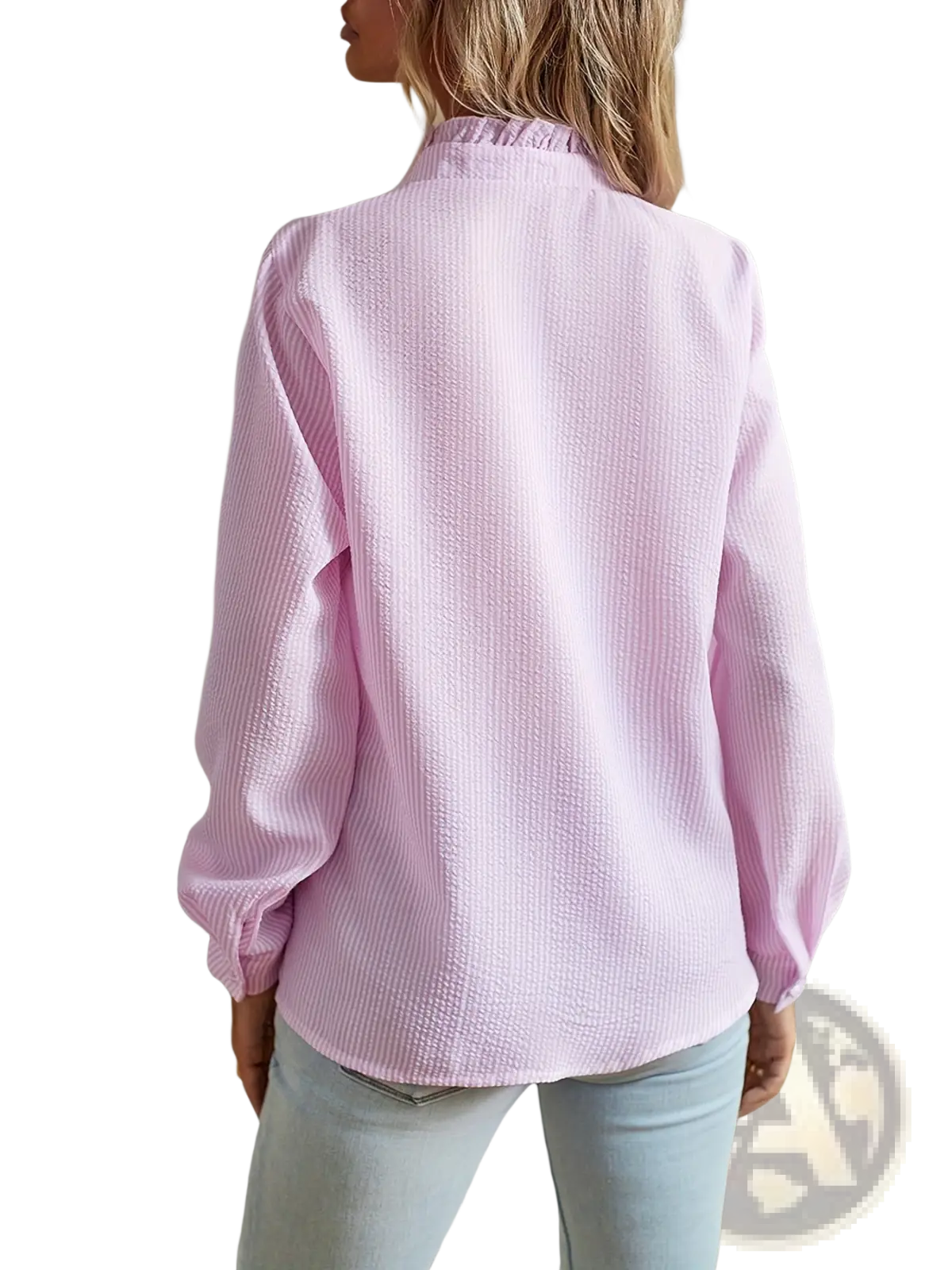 A soft pink long-sleeved textured blouse with ruffled stand collar featuring a subtle striped weave design