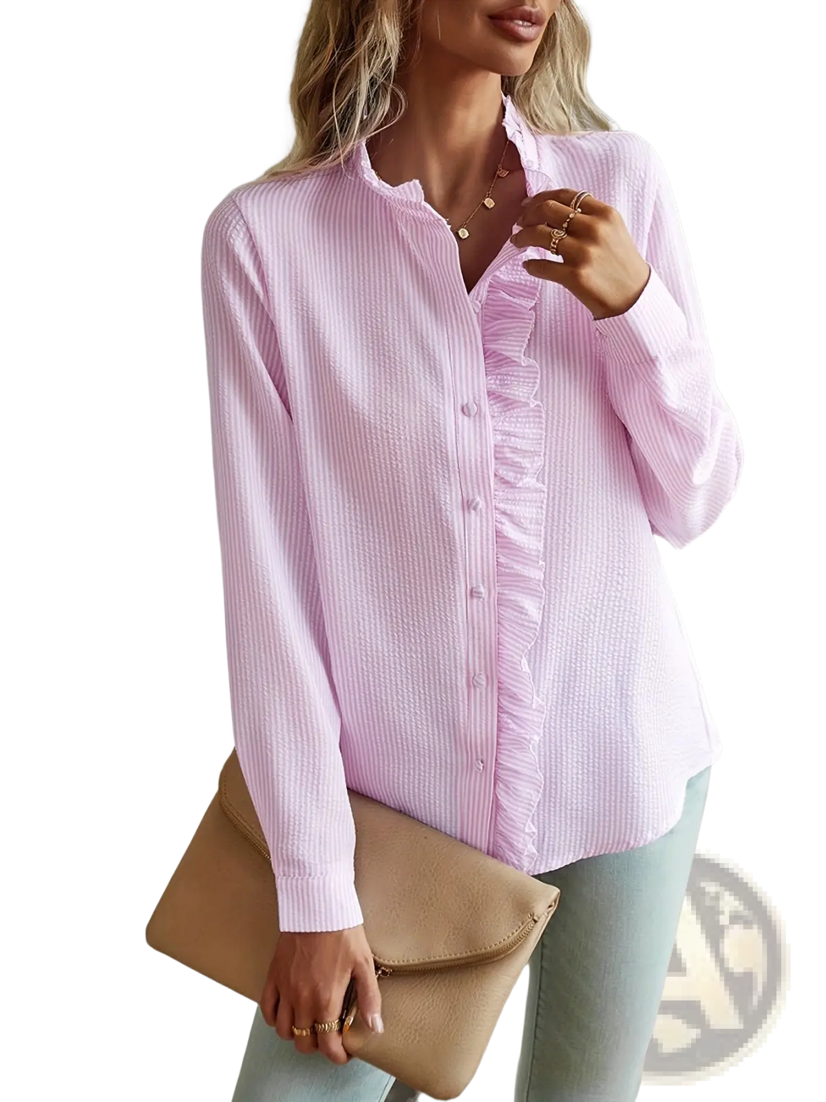 Soft pink long-sleeved striped ruffle textured blouse with stand collar and delicate side panel detailing