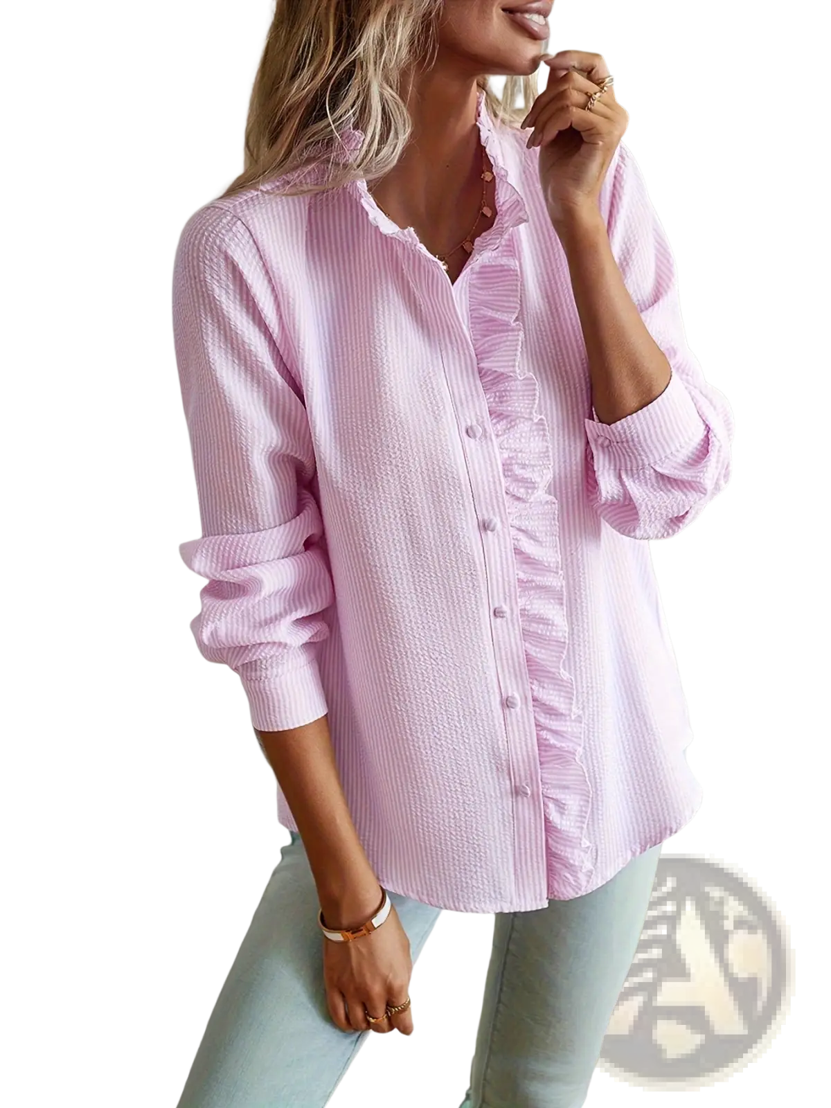 A soft pink and white vertically striped textured blouse with a ruffled front placket and stand collar
