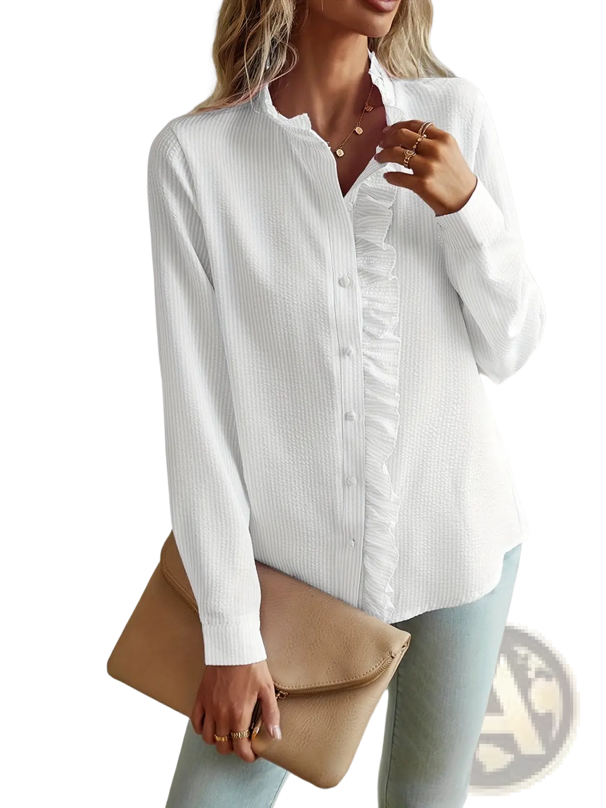 White button-down blouse with vertical ribbed texture and ruffled front panel for elegant office wear