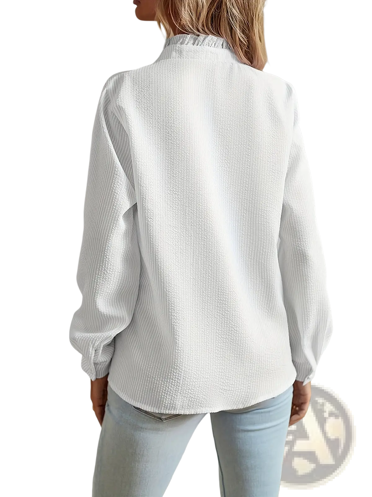 White textured long-sleeve blouse with subtle ribbed pattern and high stand collar, featuring a striped ruffle design