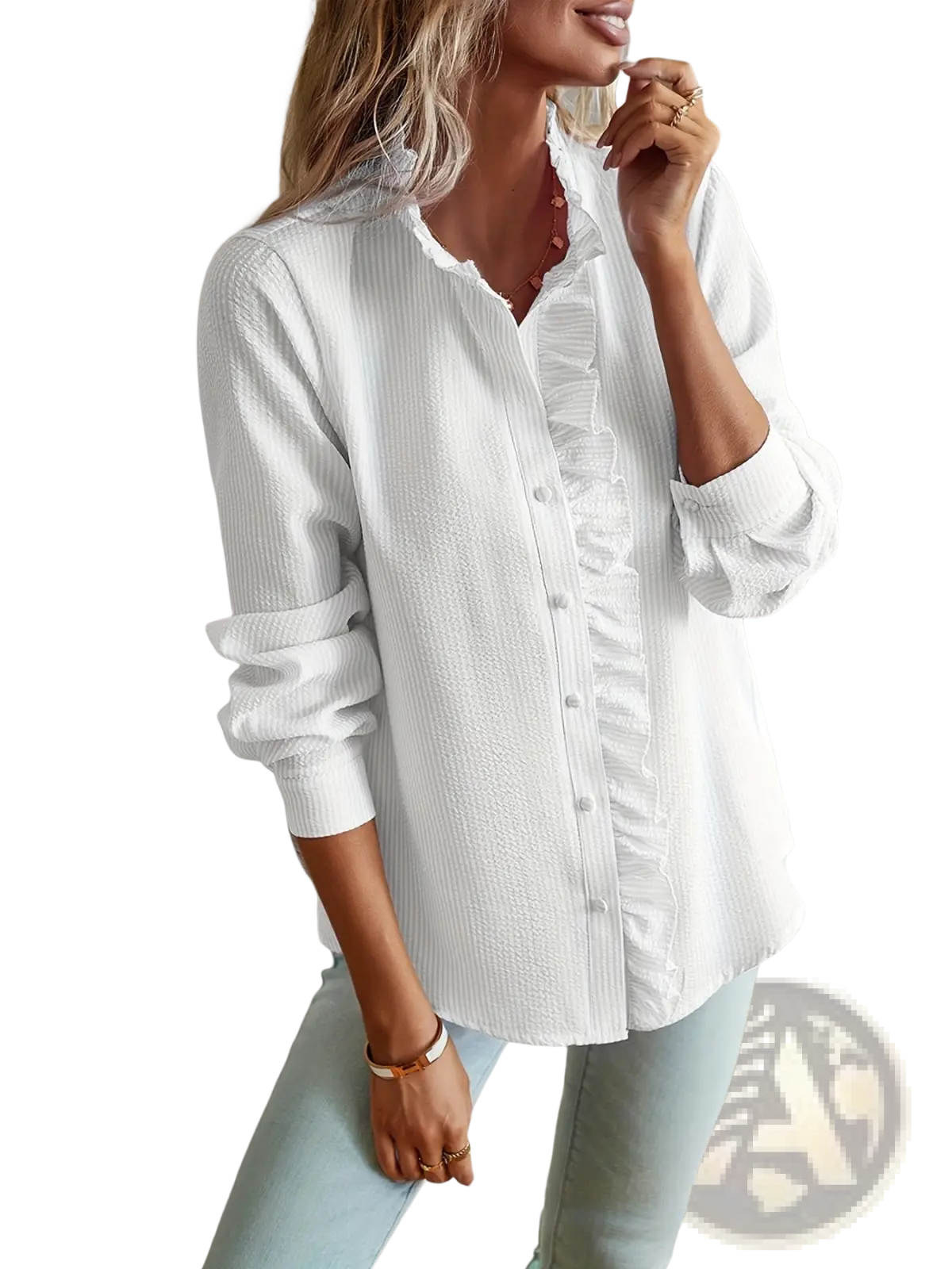 White textured button-up blouse with striped ruffle stand collar and ruffled detailing on front placket and cuffs