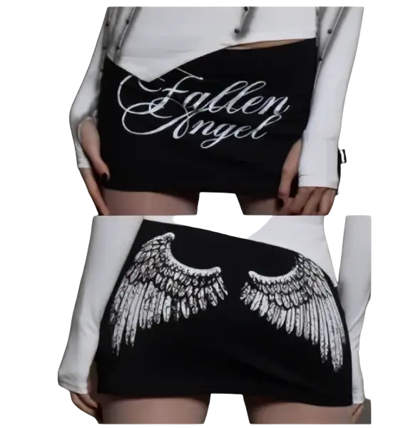 Black striped ruffled mini skirt with white fallen angel script and detailed angel wing embroidery on fabric