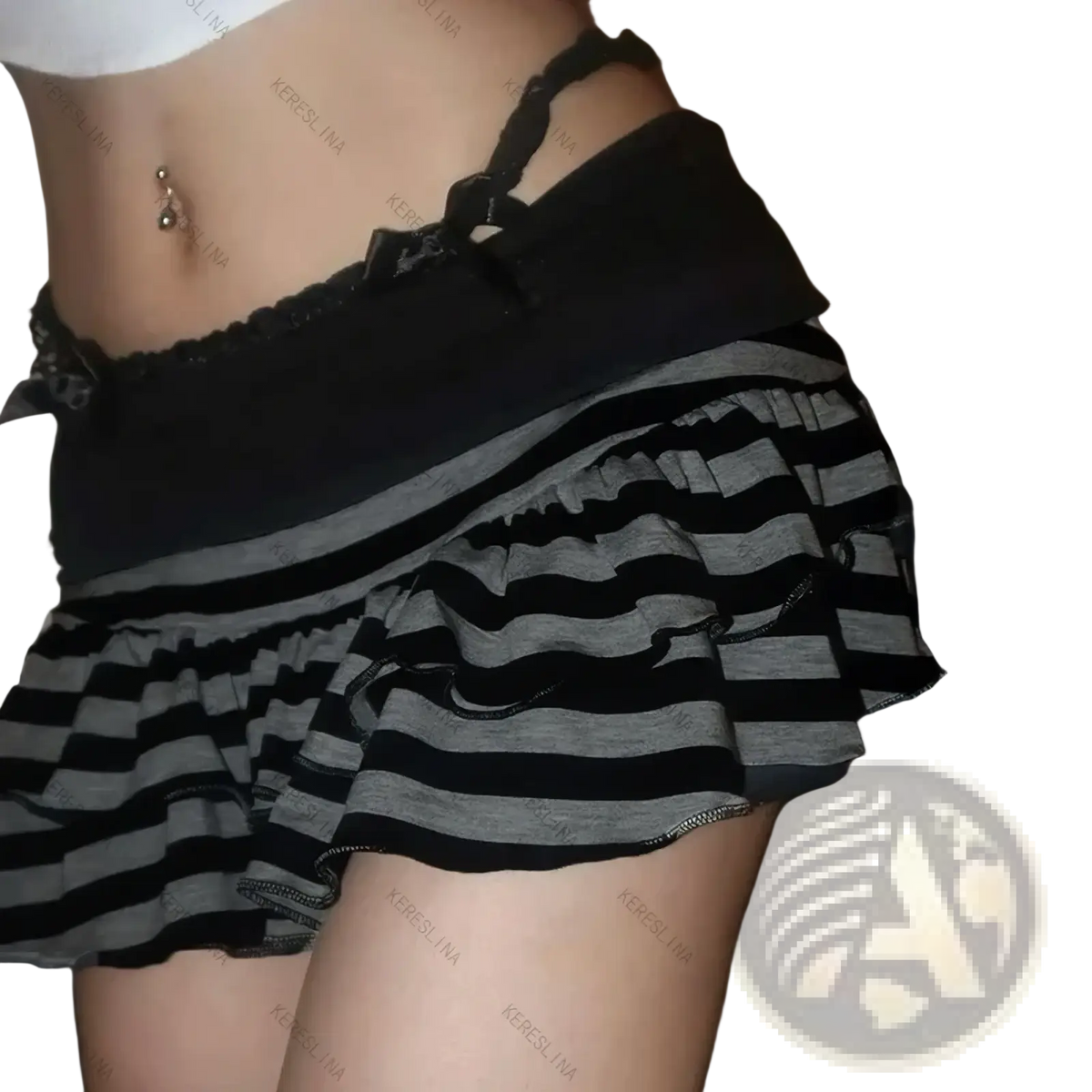 Black and gray striped ruffled mini skirt with lace trim featuring a stylish layered design for fashionable wear