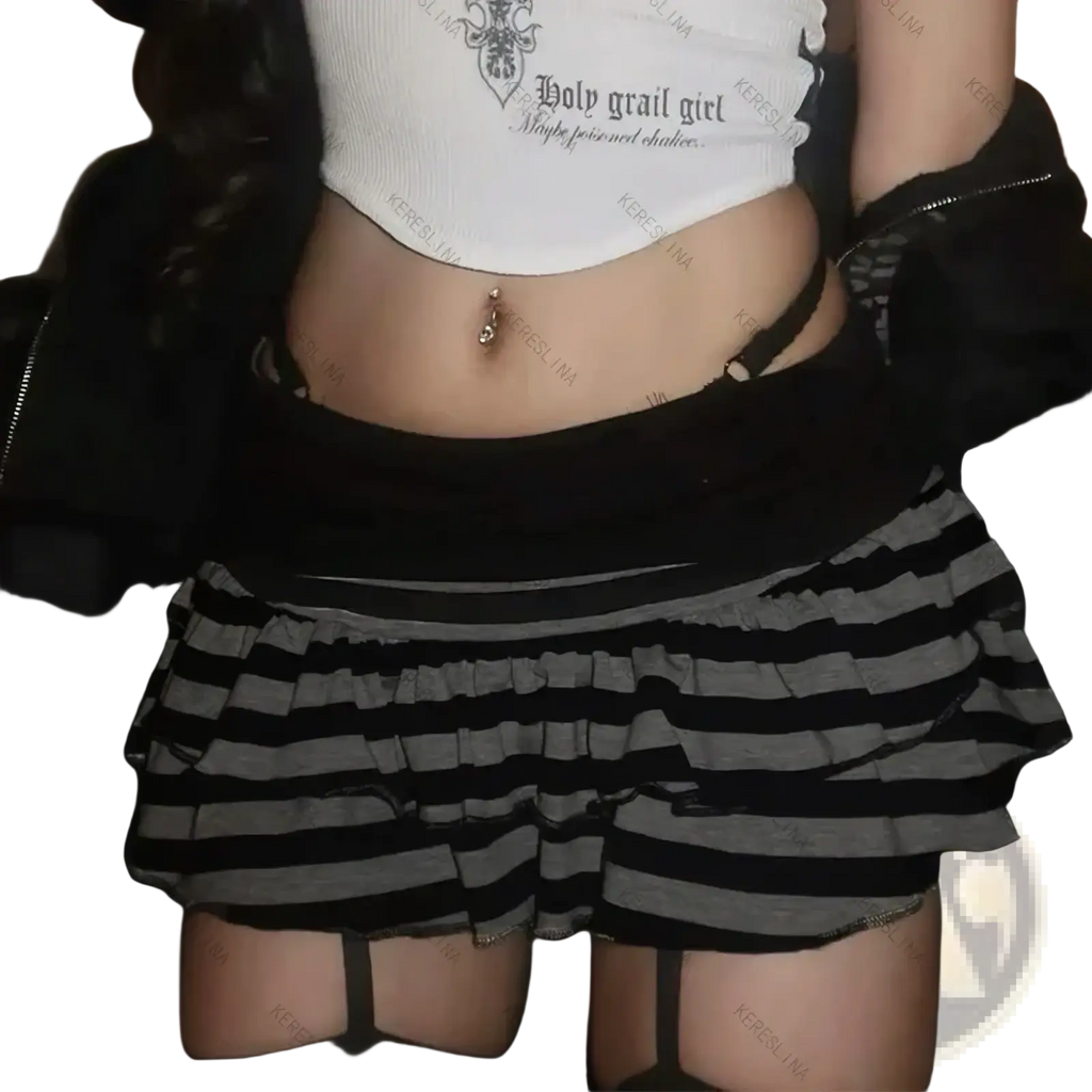 Black and gray striped ruffled mini skirt made of lightweight fabric ideal for casual and party wear