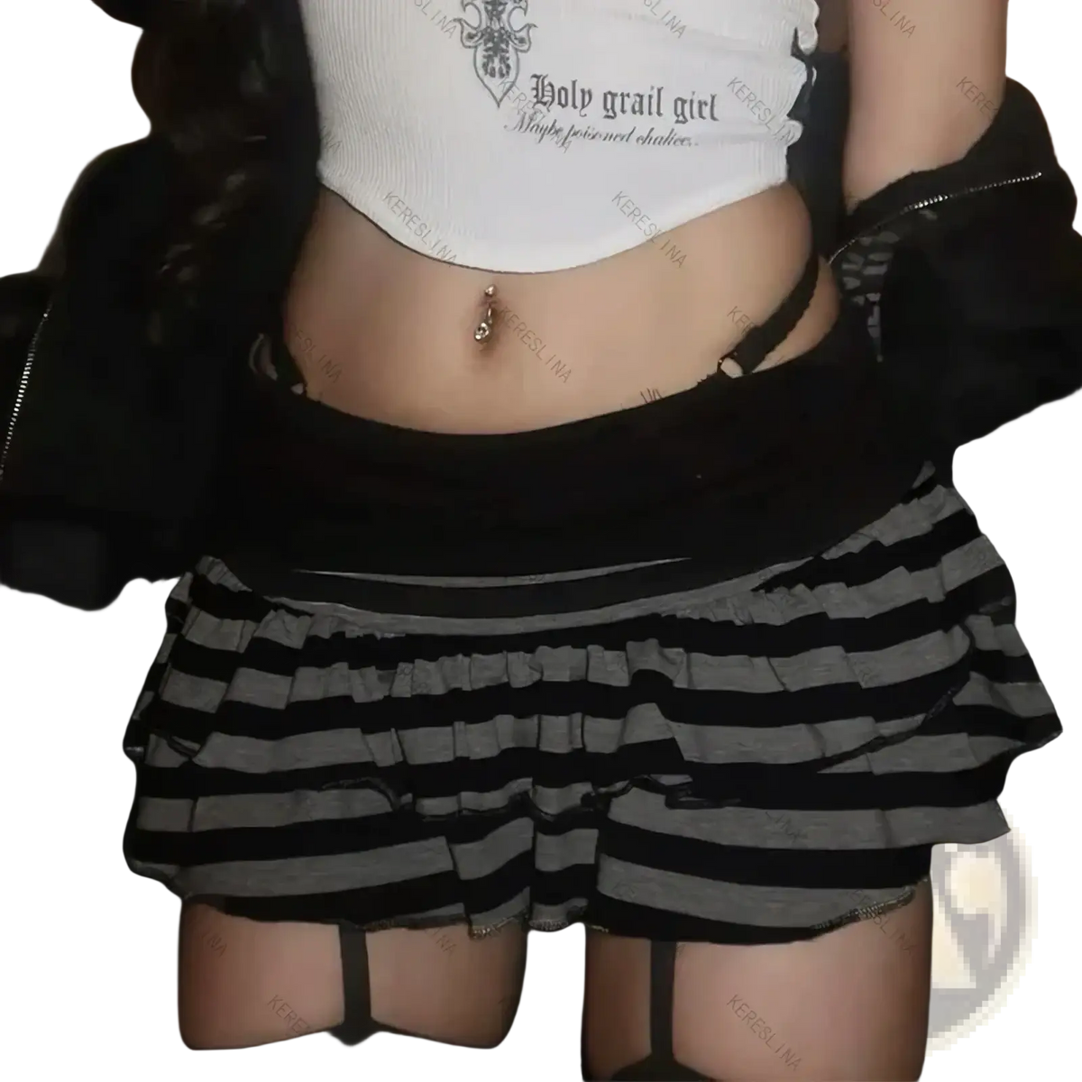 Black and gray striped ruffled mini skirt made of lightweight fabric ideal for casual and party wear