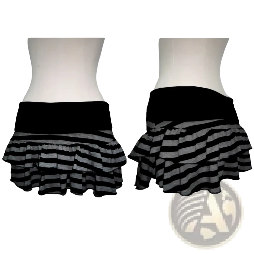 Striped ruffled mini skirt in black and gray with a solid black elastic waistband for stylish casual wear