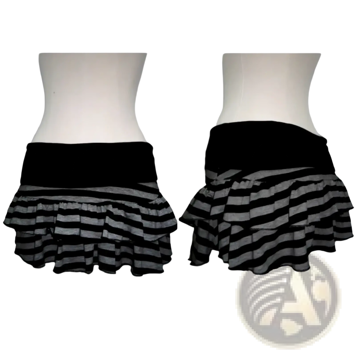 Striped ruffled mini skirt in black and gray with a solid black elastic waistband for stylish casual wear