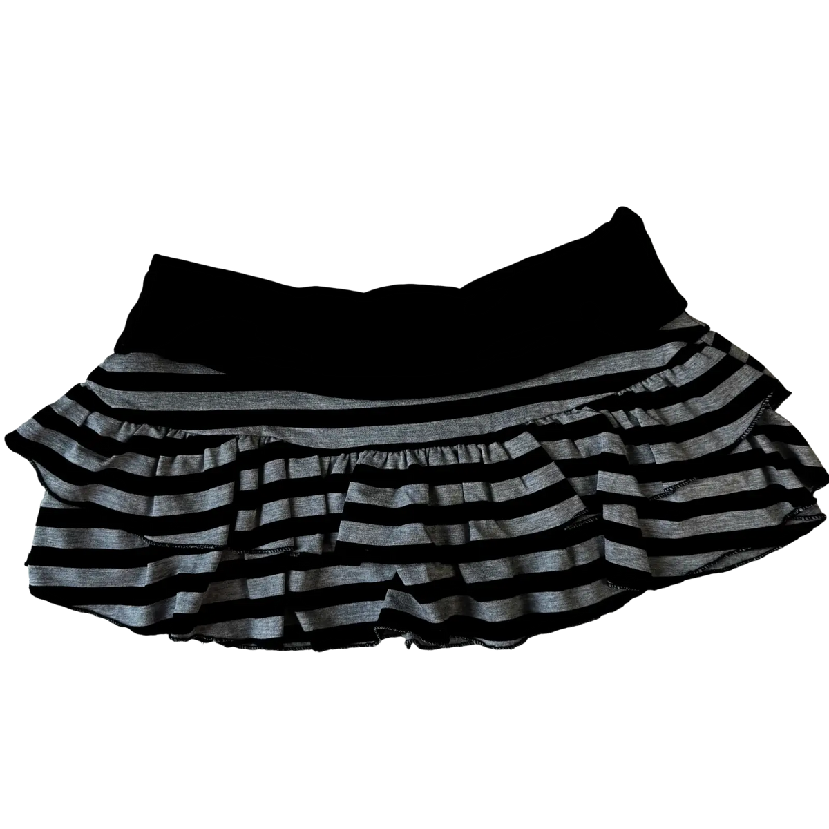 Striped ruffled mini skirt in black and gray with a solid black waistband and layered fabric design